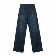 R13 Lisa Baggy Women Jeans 27 Tartan Print Wide Straight Faded Denim RRP999