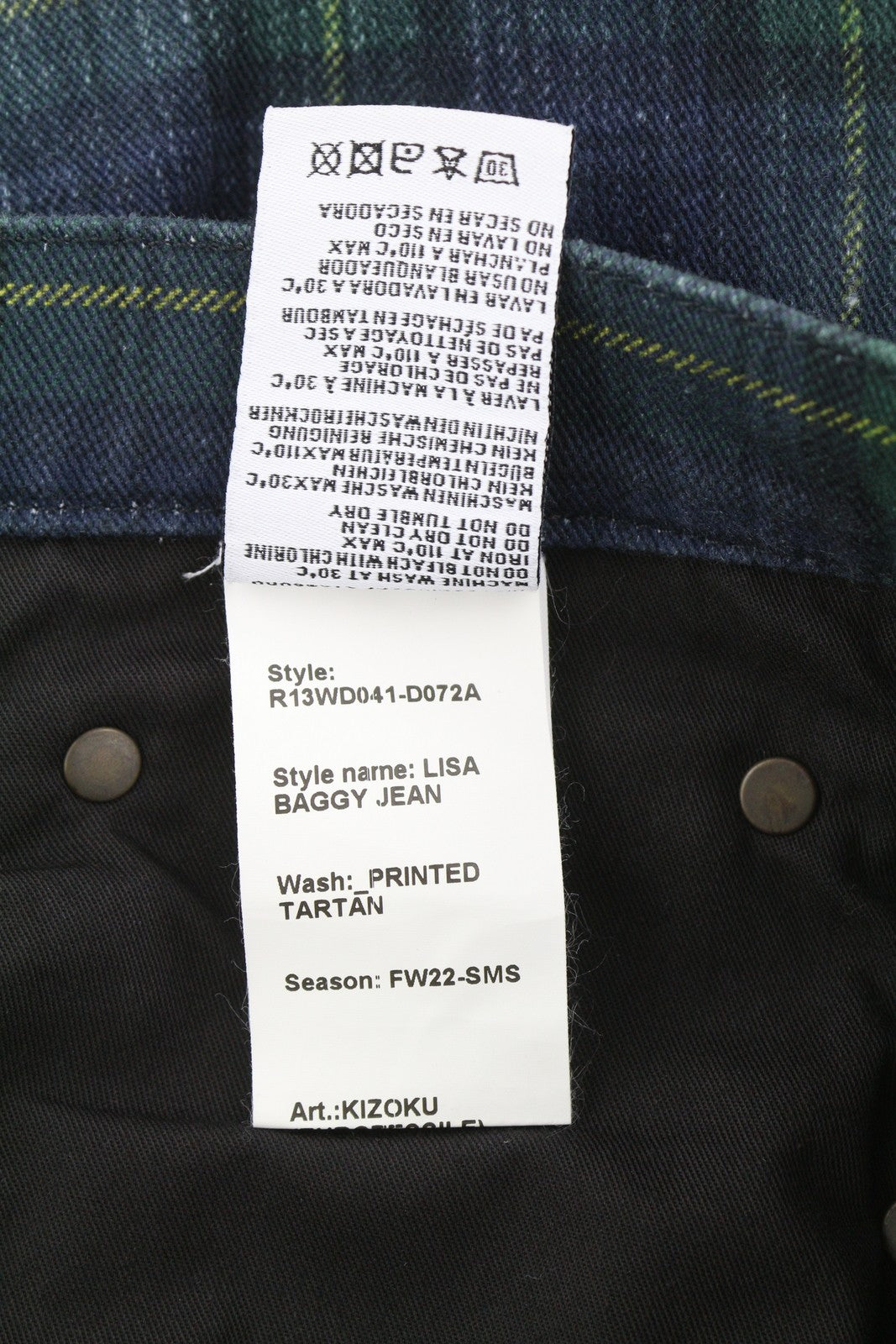 R13 Lisa Baggy Women Jeans 27 Tartan Print Wide Straight Faded Denim RRP999
