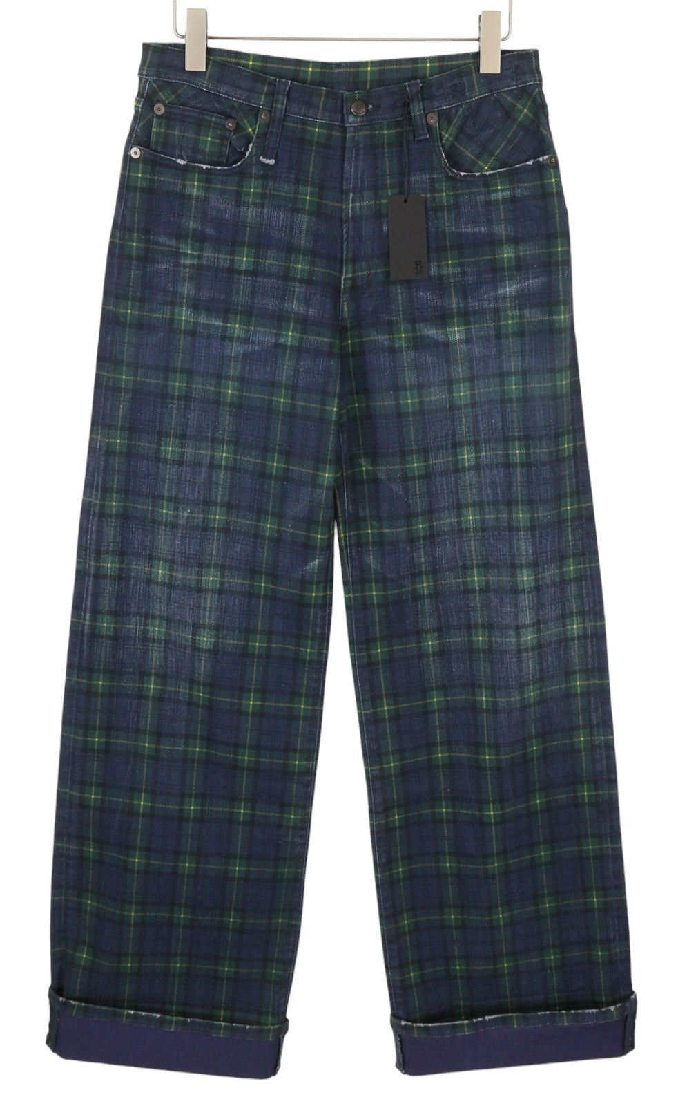 R13 Lisa Baggy Women Jeans 27 Tartan Print Wide Straight Faded Denim RRP999