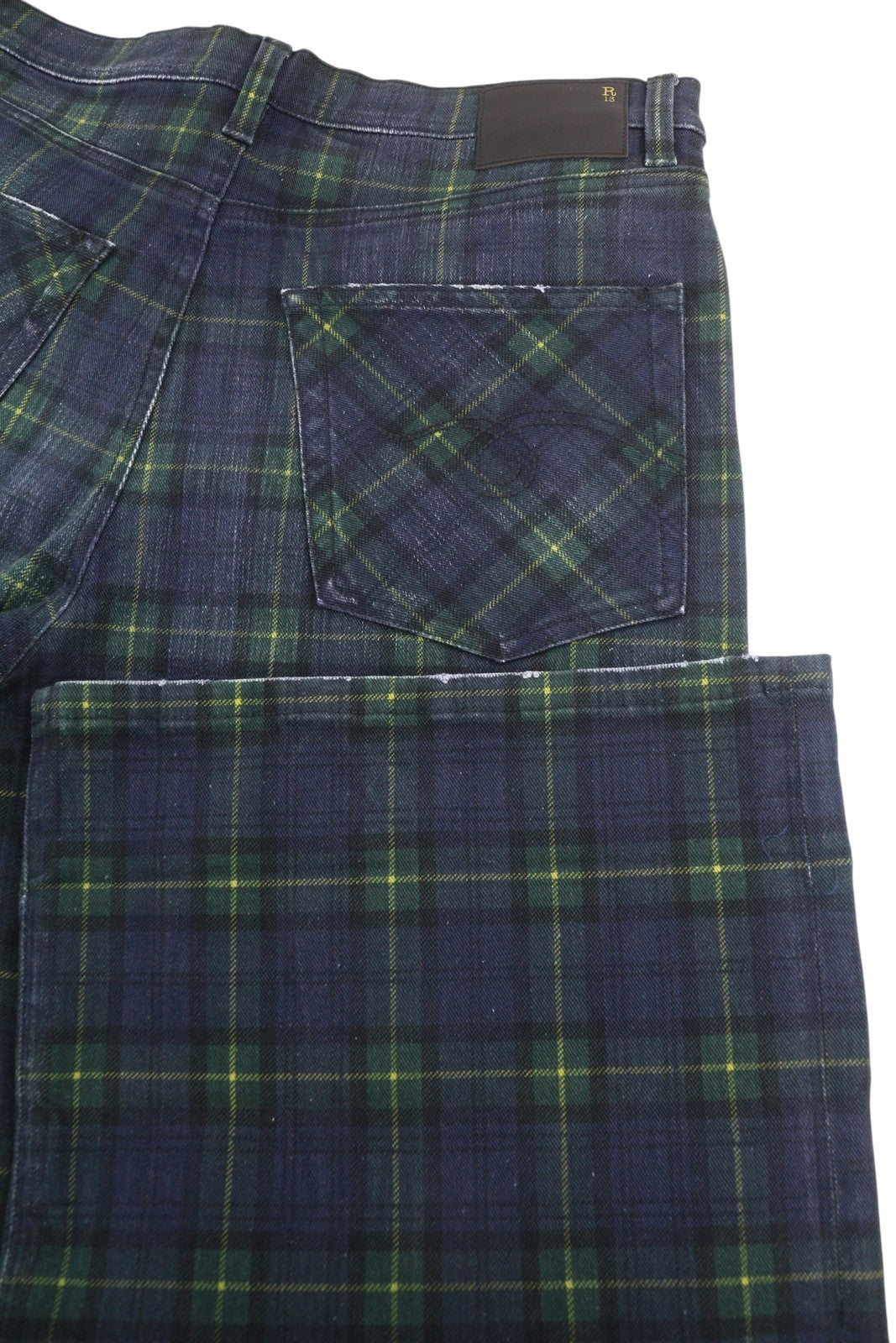 R13 Lisa Baggy Women Jeans 27 Tartan Print Wide Straight Faded Denim RRP999