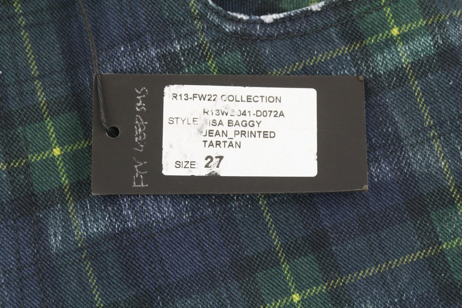 R13 Lisa Baggy Women Jeans 27 Tartan Print Wide Straight Faded Denim RRP999