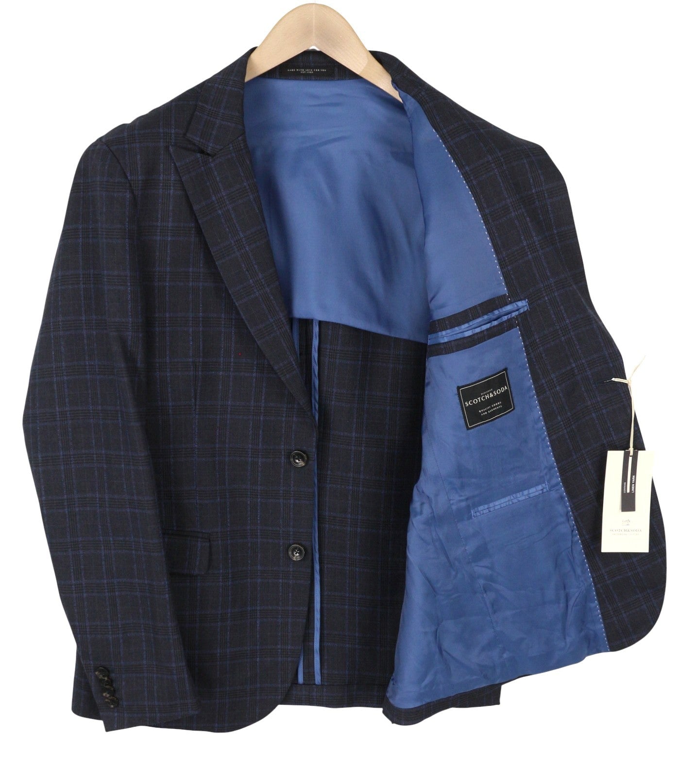 SCOTCH & SODA Men Blazer M Navy Check Wool Blend Peak Lapel Single Jacket