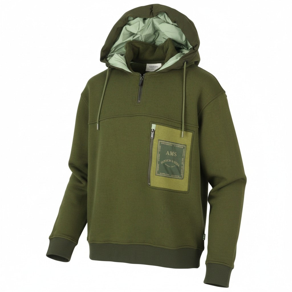 SCOTCH & SODA Men Hoodie M Green Padded Hood Half Zip Patch Pocket Pull On
