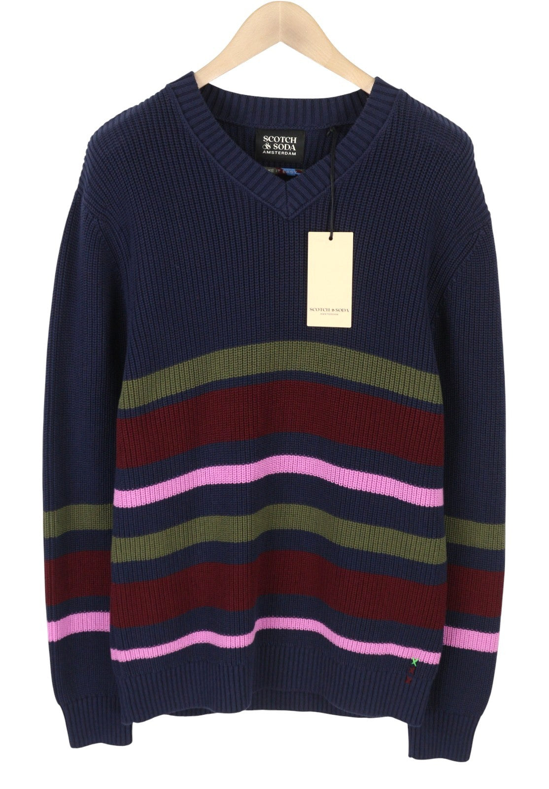 SCOTCH & SODA Men Jumper L Navy Stripe Tight Knit V-Neck Pull On
