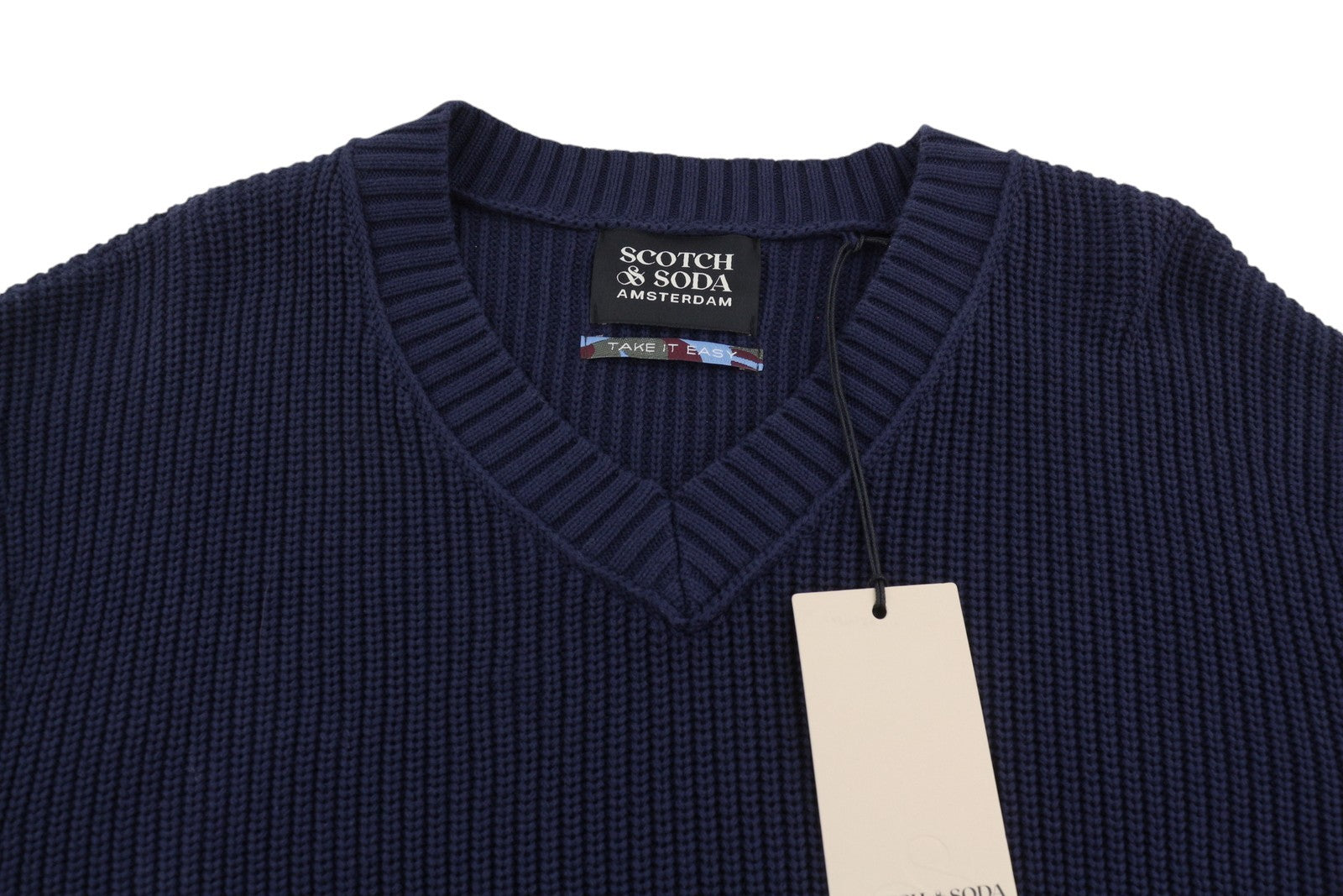 SCOTCH & SODA Men Jumper L Navy Stripe Tight Knit V-Neck Pull On