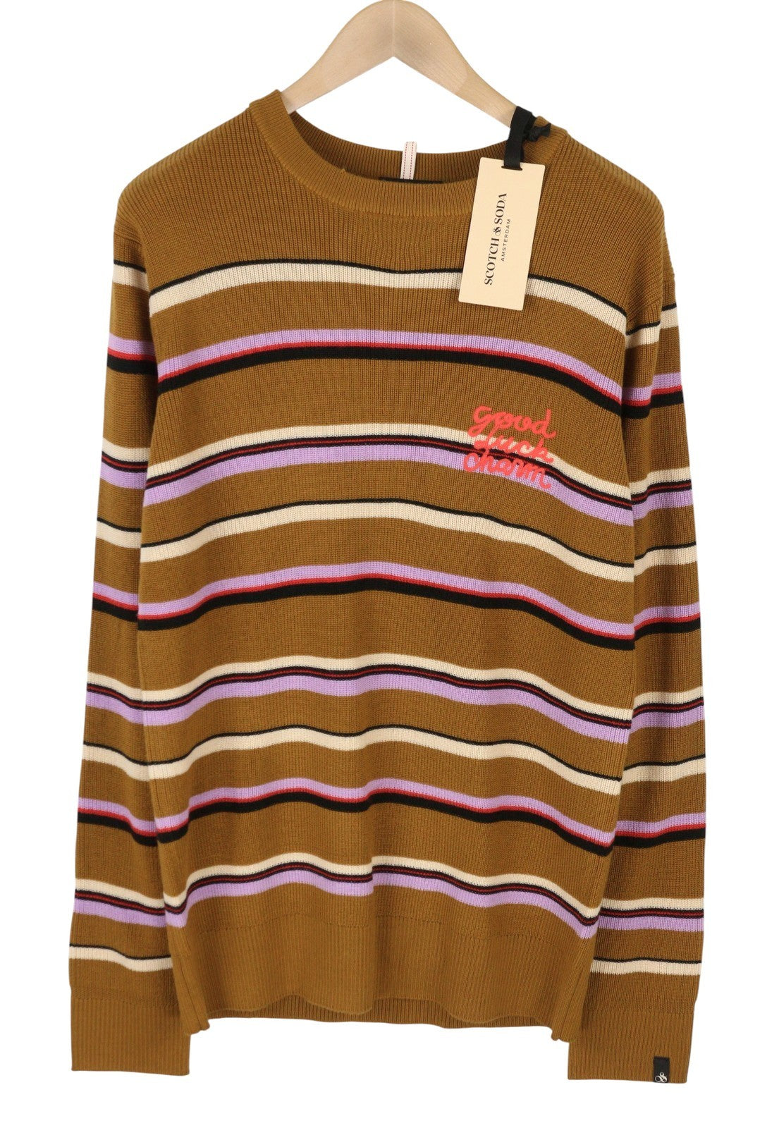 SCOTCH & SODA Men Jumper L Brown Stripe Wool Crew Neck Tight Knit Pull On