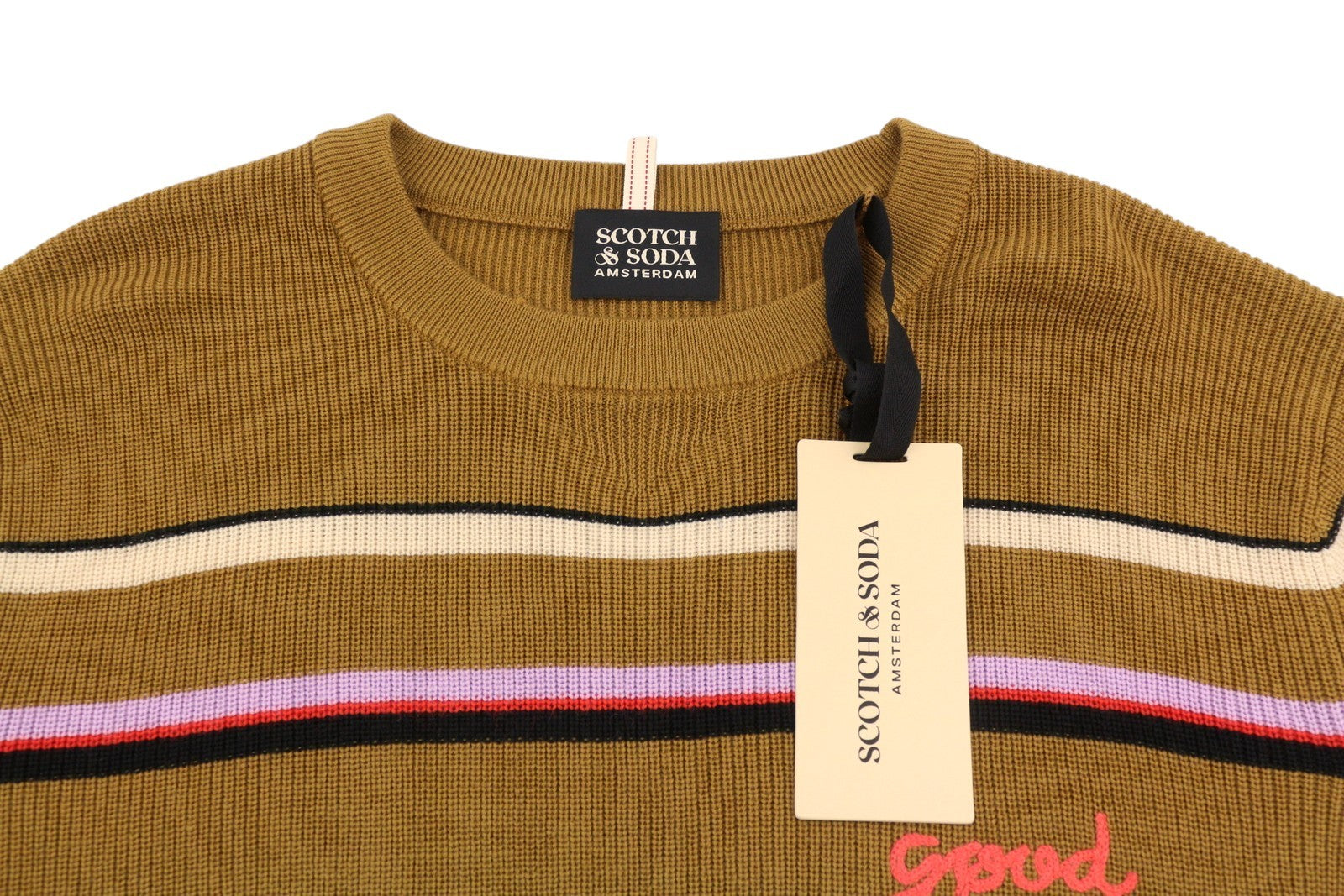 SCOTCH & SODA Men Jumper L Brown Stripe Wool Crew Neck Tight Knit Pull On