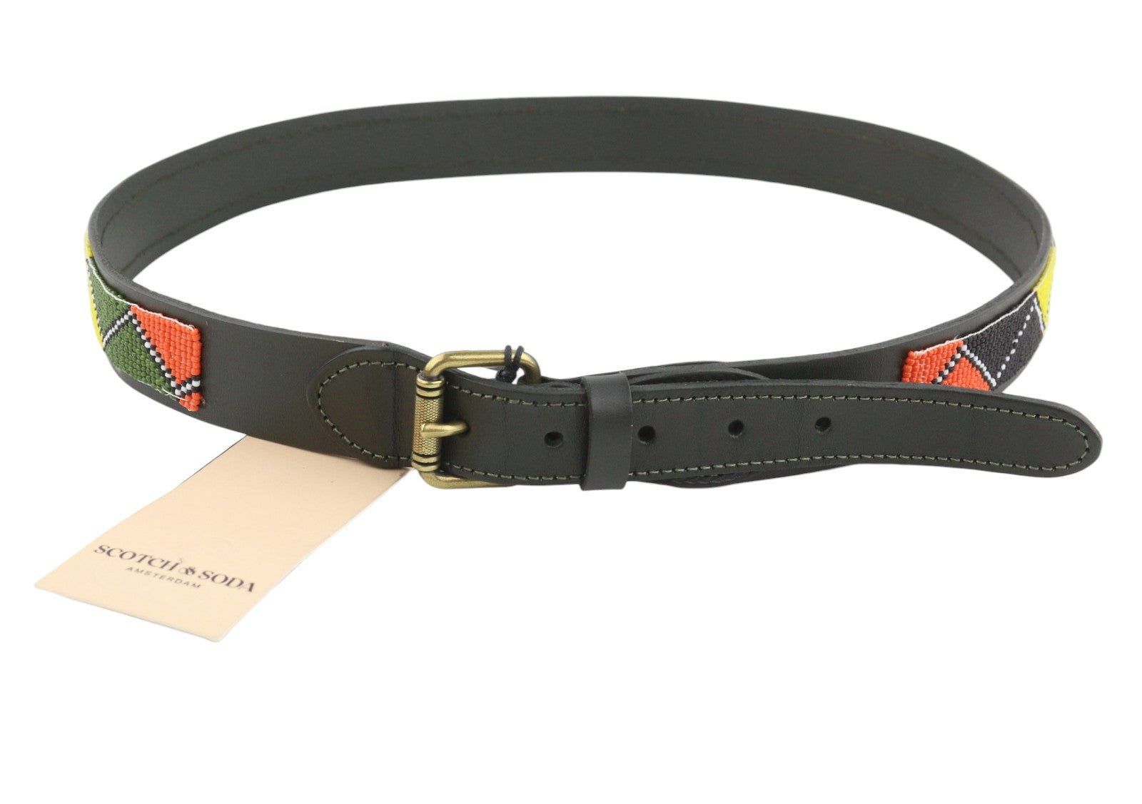 SCOTCH & SODA Men Belt 117 CM Field Green Cow Leather Beaded Gold Tone Buckle