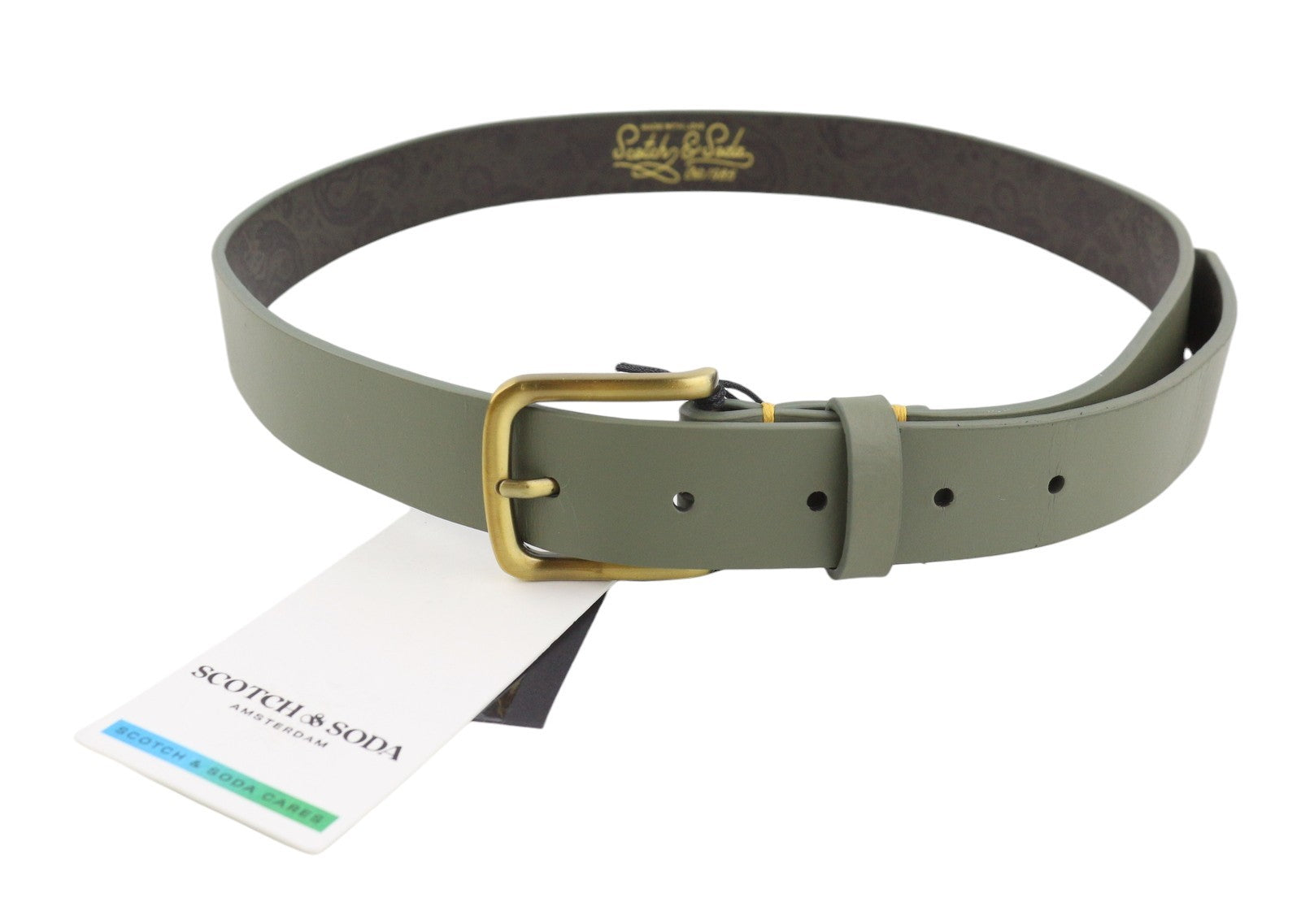 SCOTCH & SODA Men Belt M Field Green Recycled Leather Gold Tone Buckle