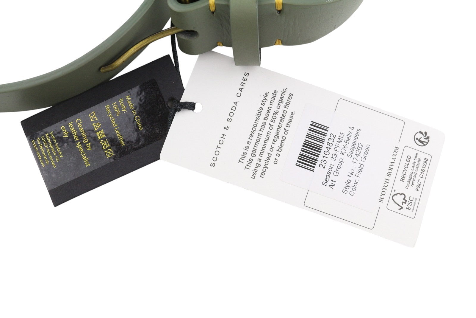 SCOTCH & SODA Men Belt M Field Green Recycled Leather Gold Tone Buckle
