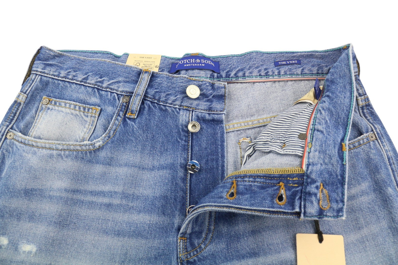SCOTCH & SODA The Vert Men Jeans W32/L32 Blue Distressed Faded Straight Denim
