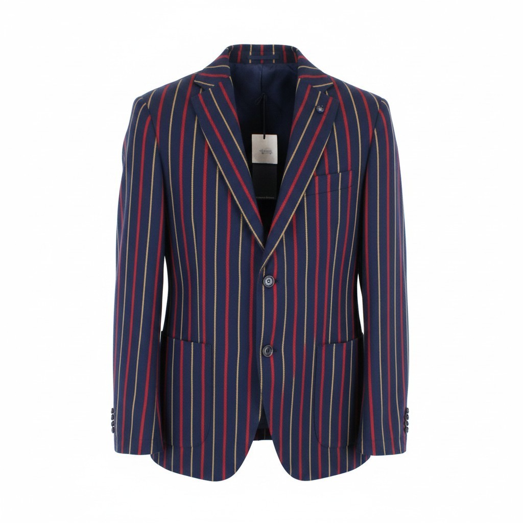 HARMONT & BLAINE Men Blazer 48 M Navy Cotton Striped Pattern Single-Breasted
