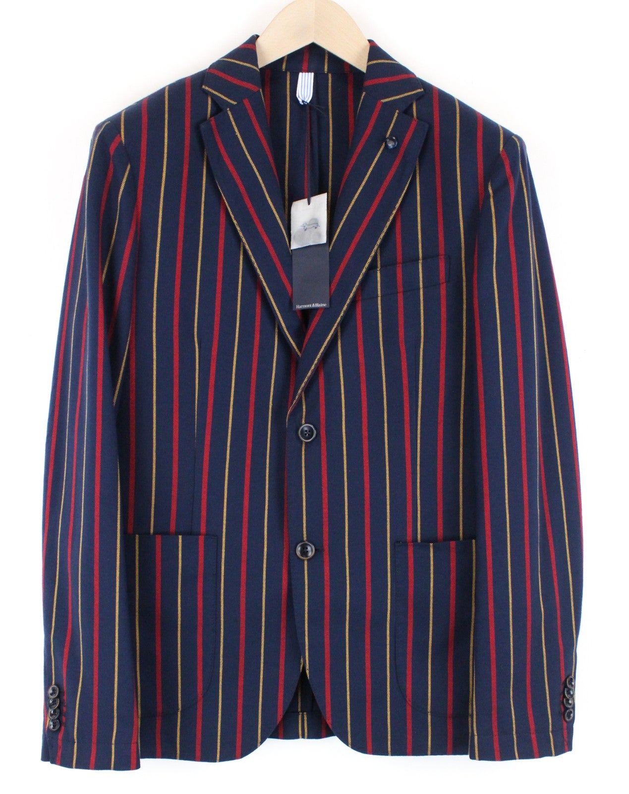 HARMONT & BLAINE Men Blazer 48 M Navy Cotton Striped Pattern Single-Breasted
