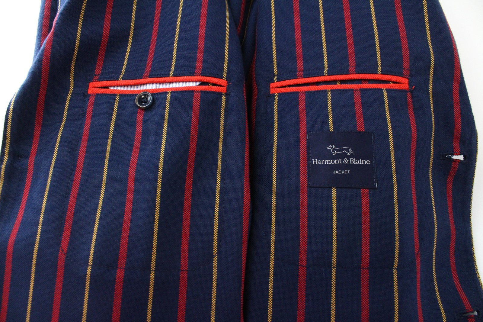 HARMONT & BLAINE Men Blazer 48 M Navy Cotton Striped Pattern Single-Breasted