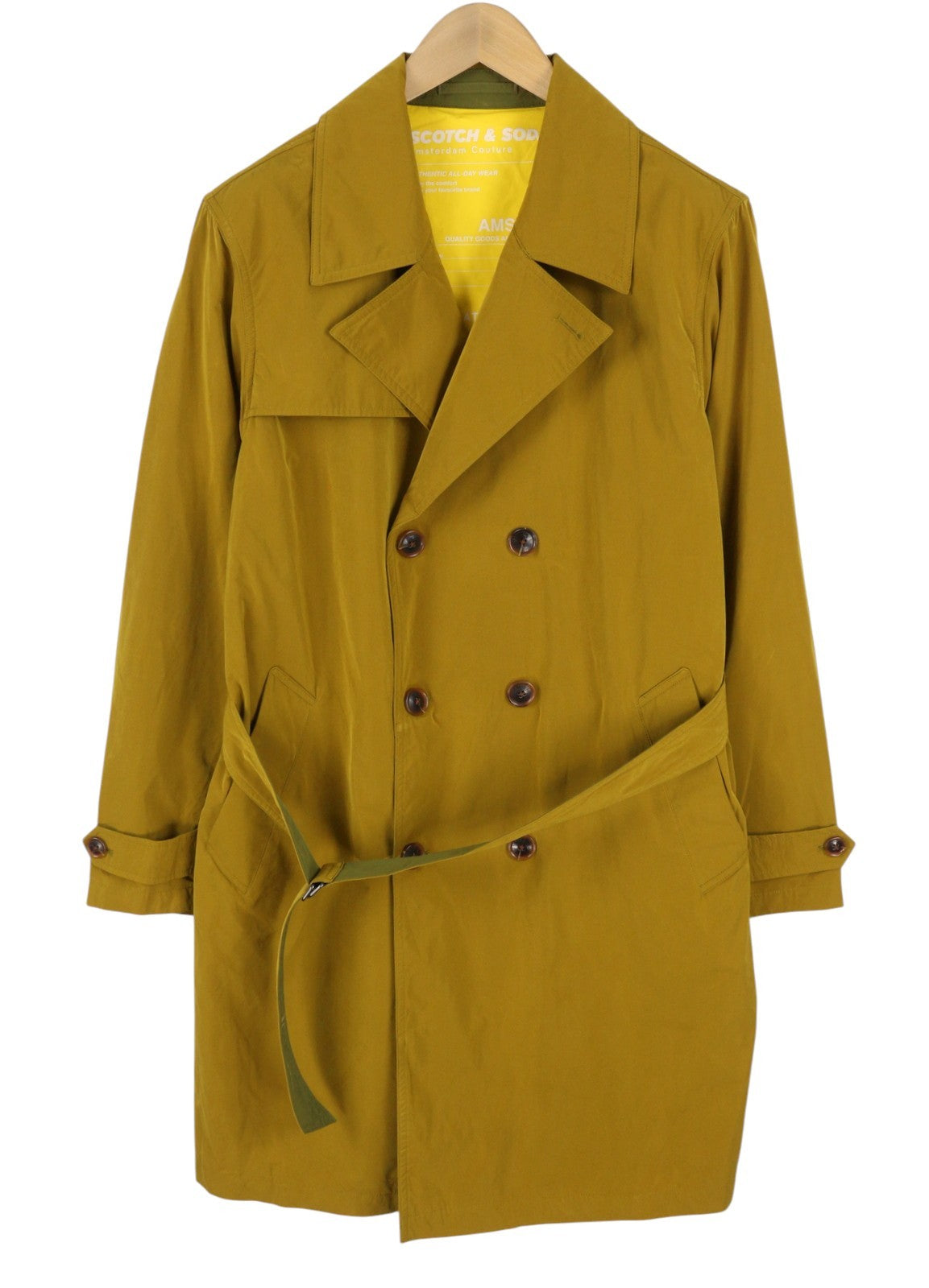 SCOTCH & SODA Men Coat M Khaki Double Breasted Notch Lapel Long Trench