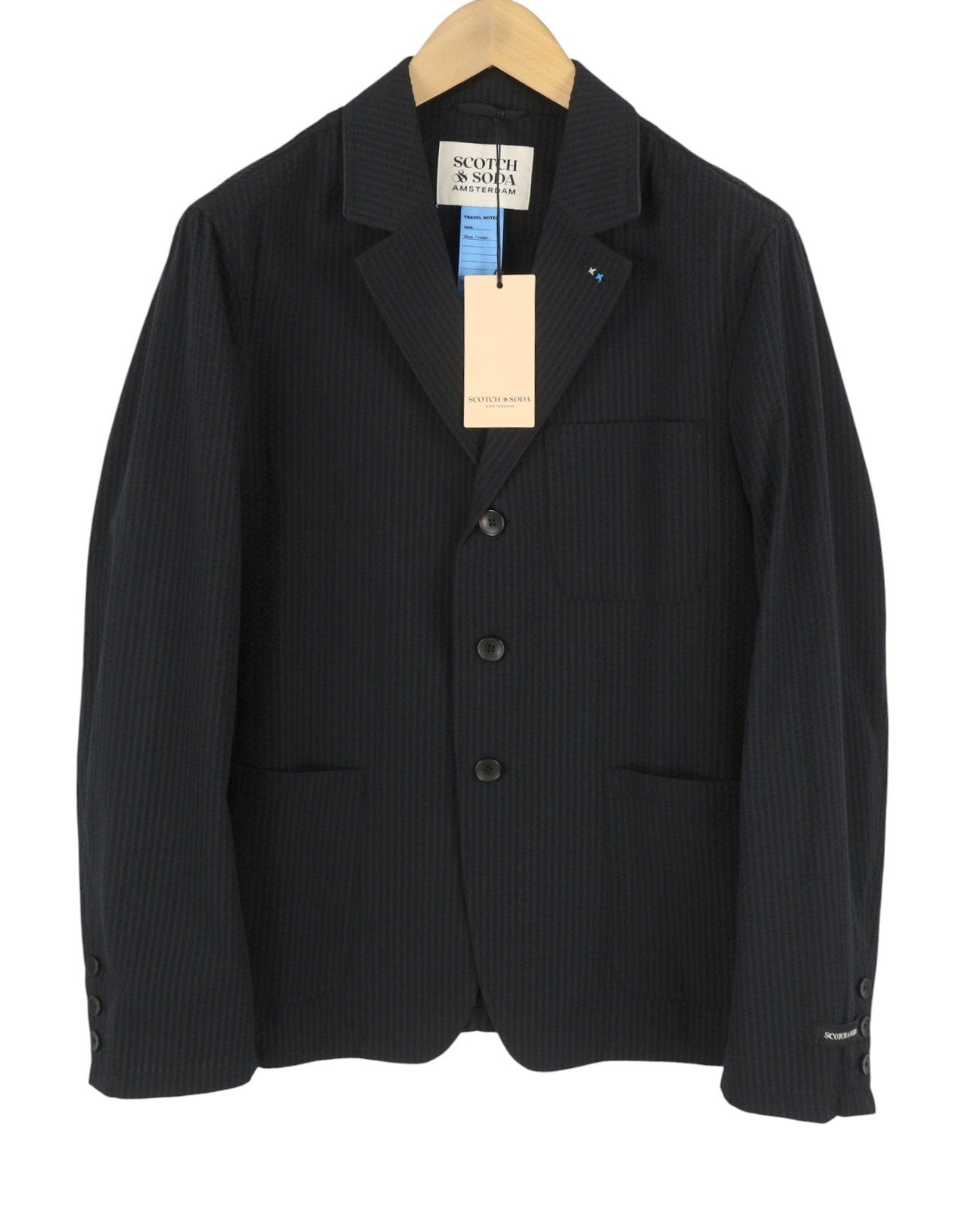 SCOTCH & SODA Men Blazer M Black Seersucker Textured Notch Single-Breasted