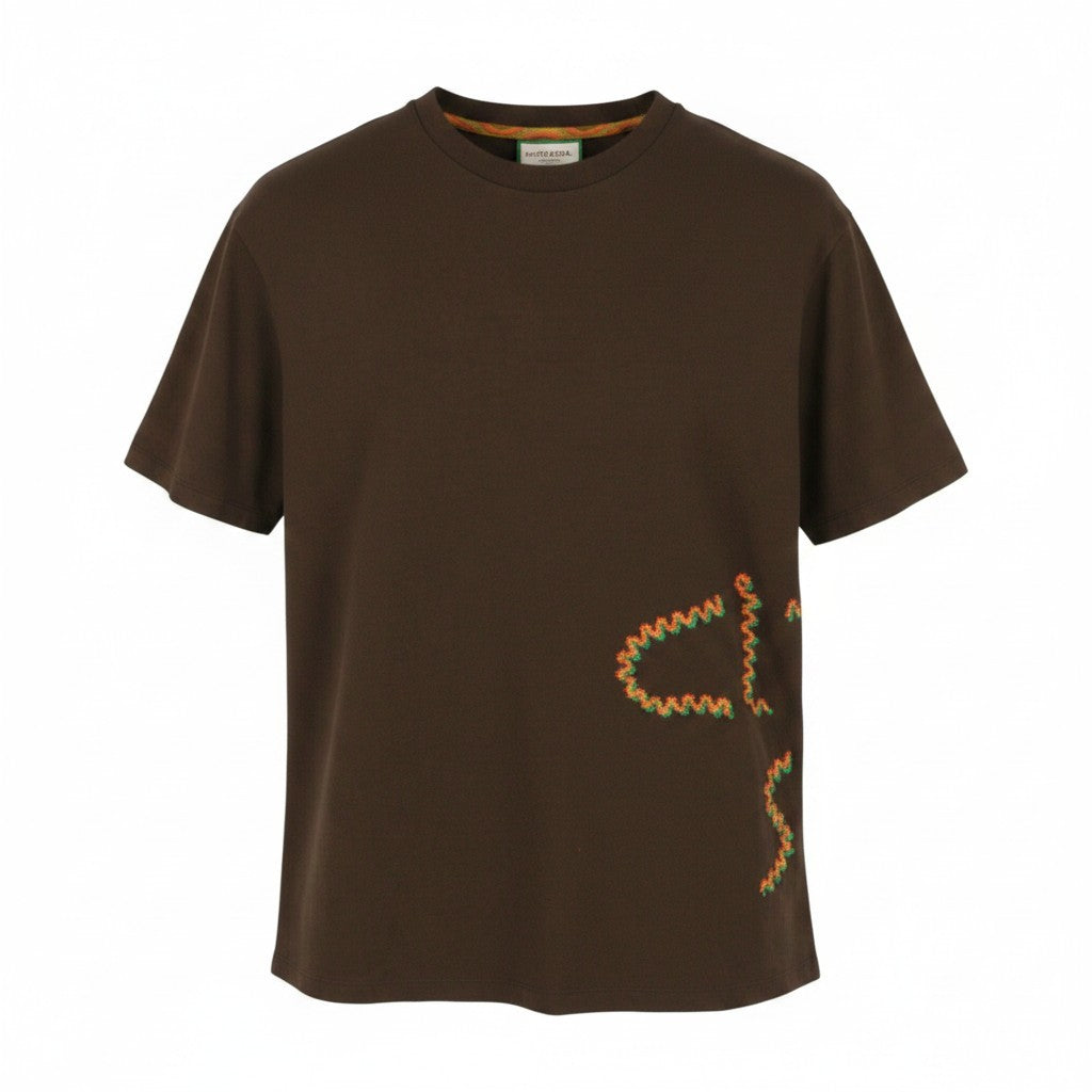 SCOTCH & SODA Men T-Shirt M Brown Embroidered Crew Neck Short Sleeve