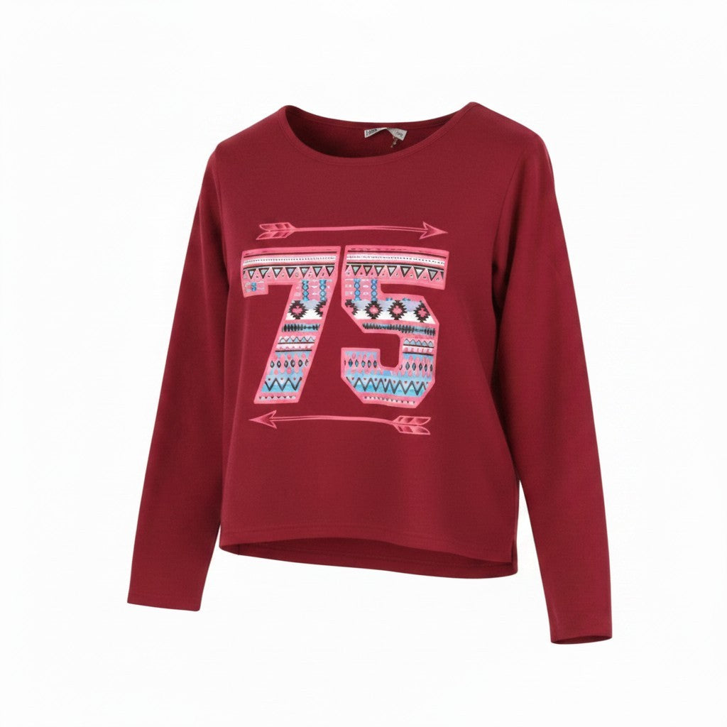 BLACKOUT DNN Marina Women Sweatshirt XS Red Patterned Round Neck Pull On