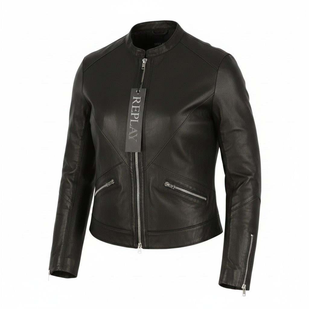 REPLAY Women Jacket S Black Lambskin Leather Lightweight Biker RRP399