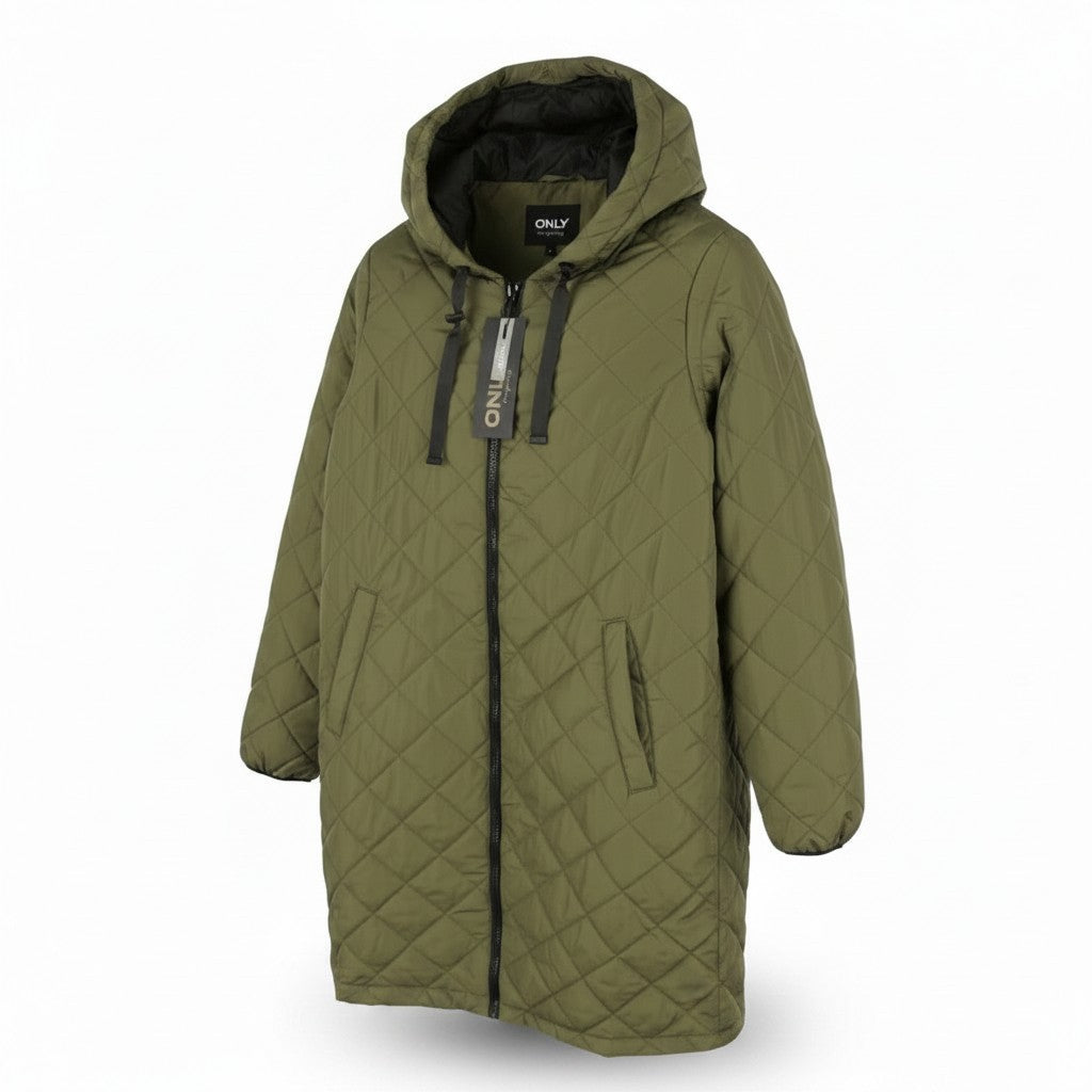 ONLY Sanne Quilted Long Women Jacket M PETITE Khaki Green Padded Mid Length