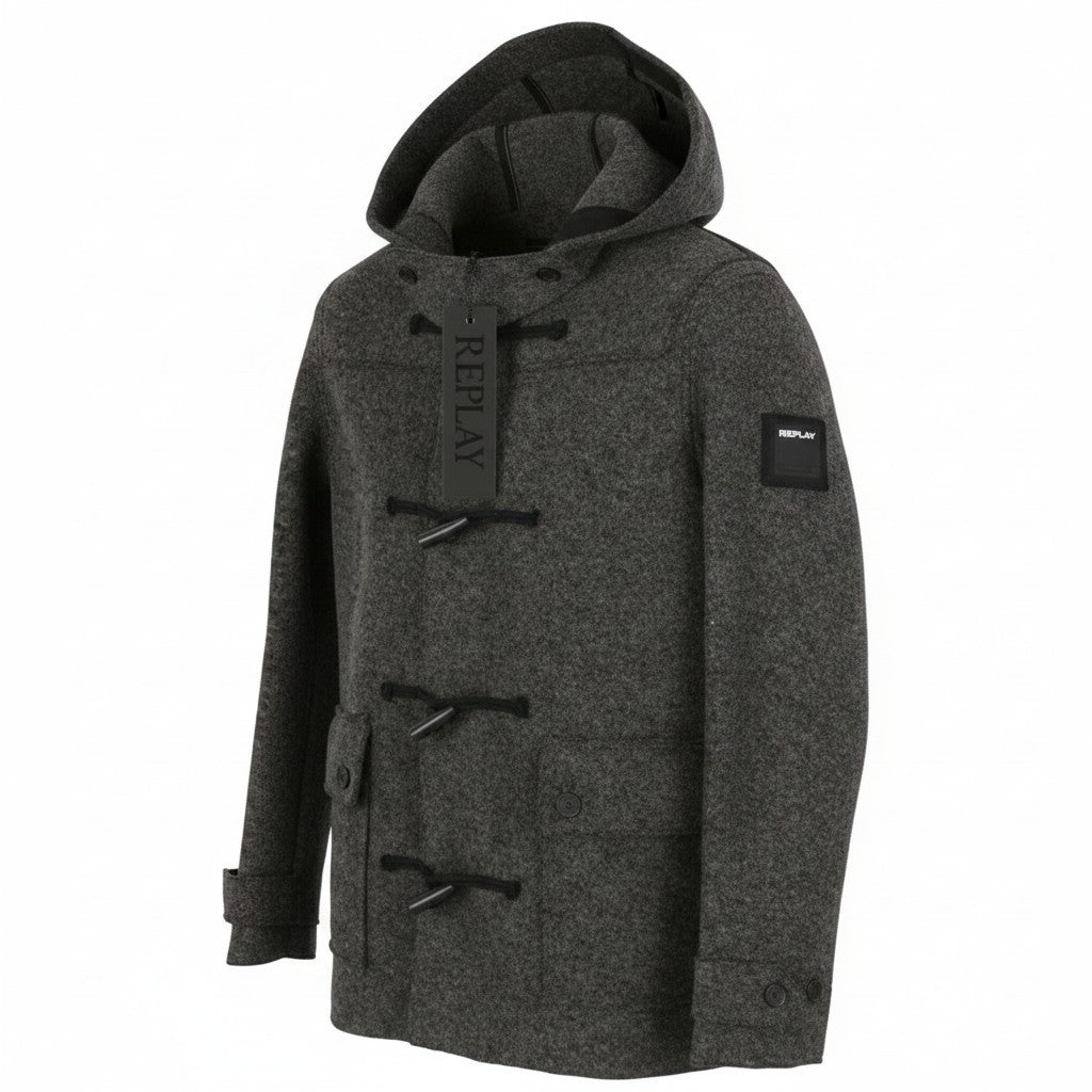 REPLAY Men Coat M Grey Melange Wool Blend Toggles Button Hooded