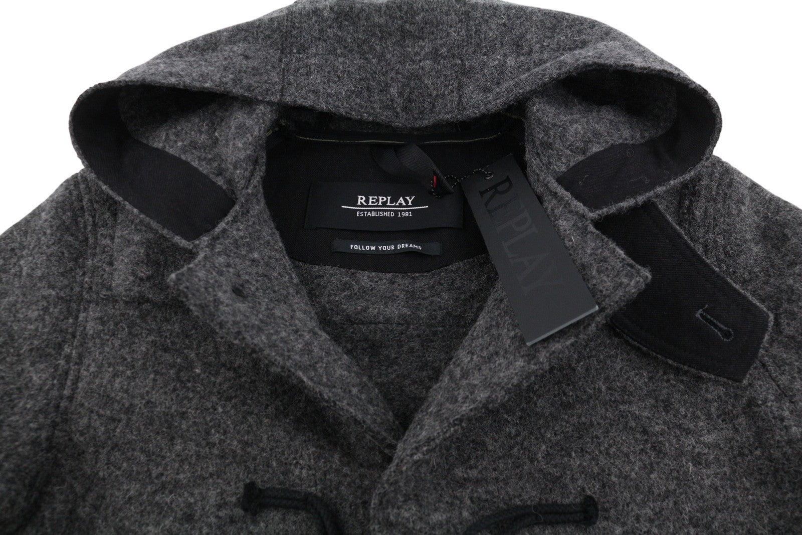 REPLAY Men Coat M Grey Melange Wool Blend Toggles Button Hooded