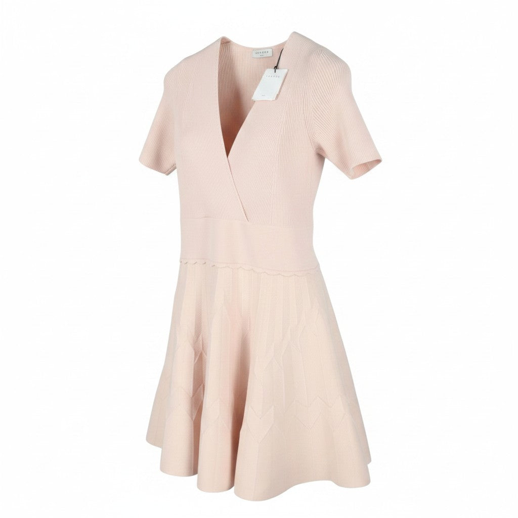 SANDRO Esmera Women Dress 40 L Light Pink Textured Ribbed Short Sleeved RRP370