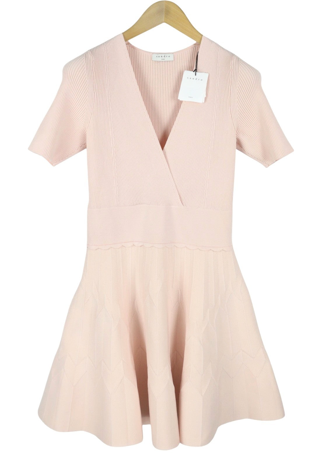 SANDRO Esmera Women Dress 40 L Light Pink Textured Ribbed Short Sleeved RRP370