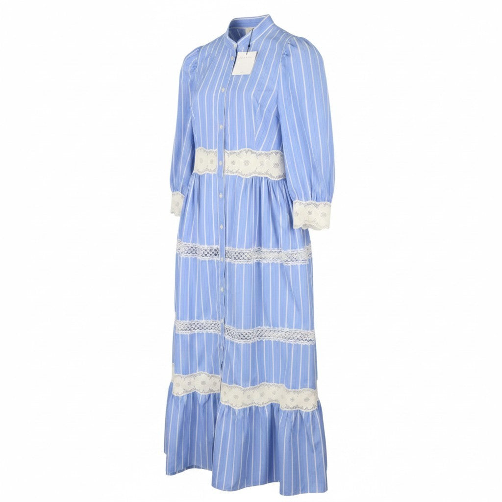 SANDRO Romance Women Dress 36 S Blue Tiered Lace Striped 3/4 Sleeves RRP395