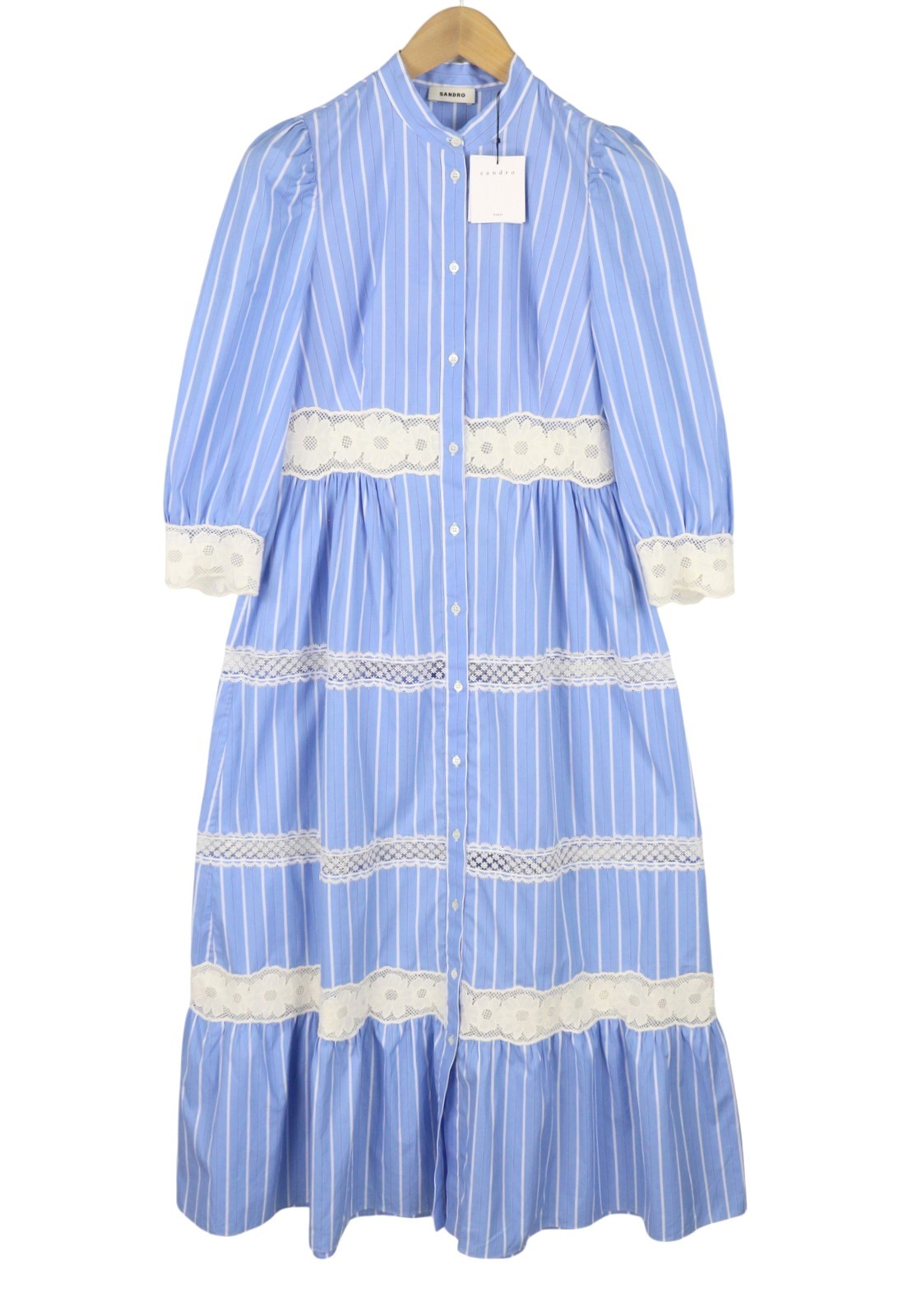 SANDRO Romance Women Dress 36 S Blue Tiered Lace Striped 3/4 Sleeves RRP395