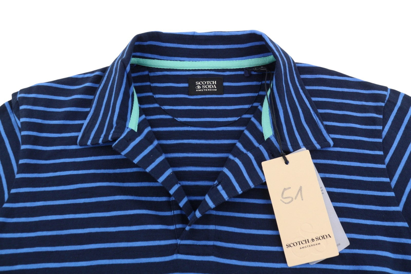 SCOTCH & SODA Men Polos M Blue Striped Cotton Short Sleeve T-Shirt