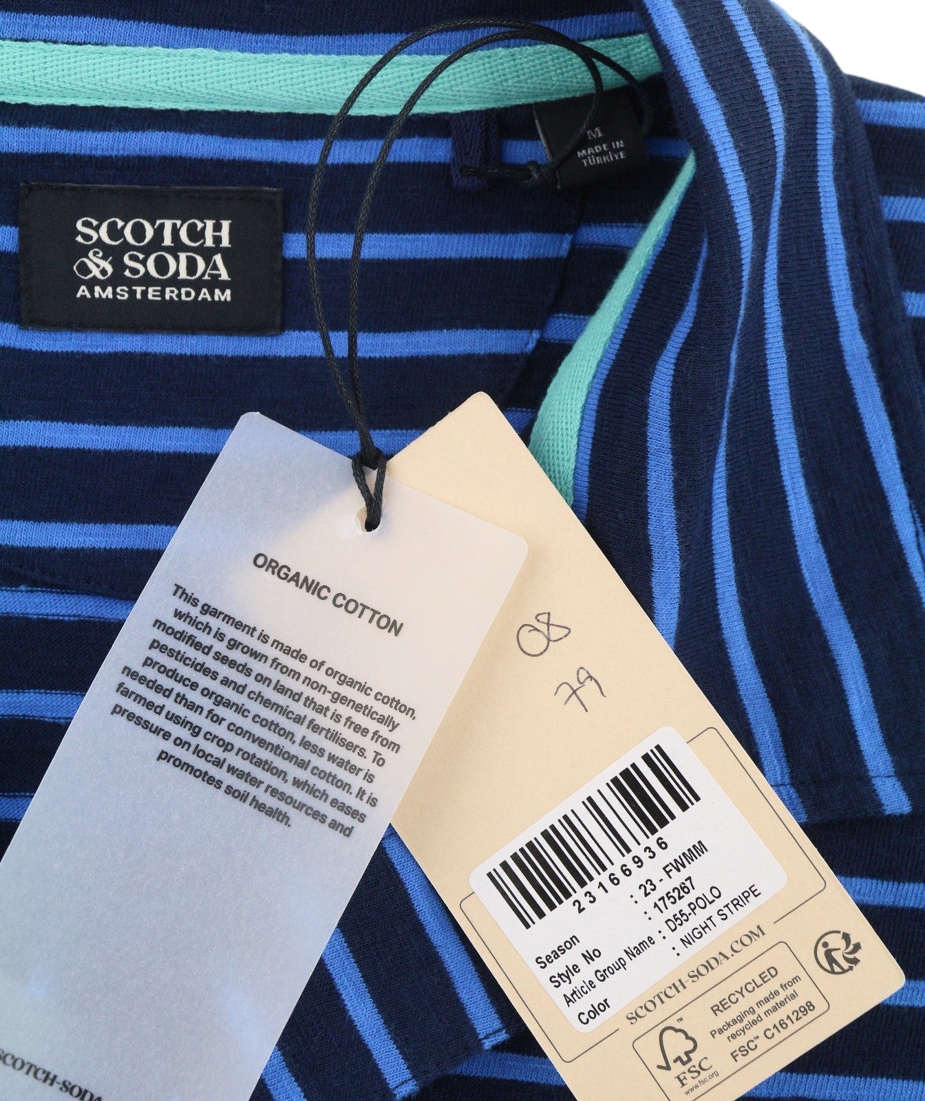 SCOTCH & SODA Men Polos M Blue Striped Cotton Short Sleeve T-Shirt