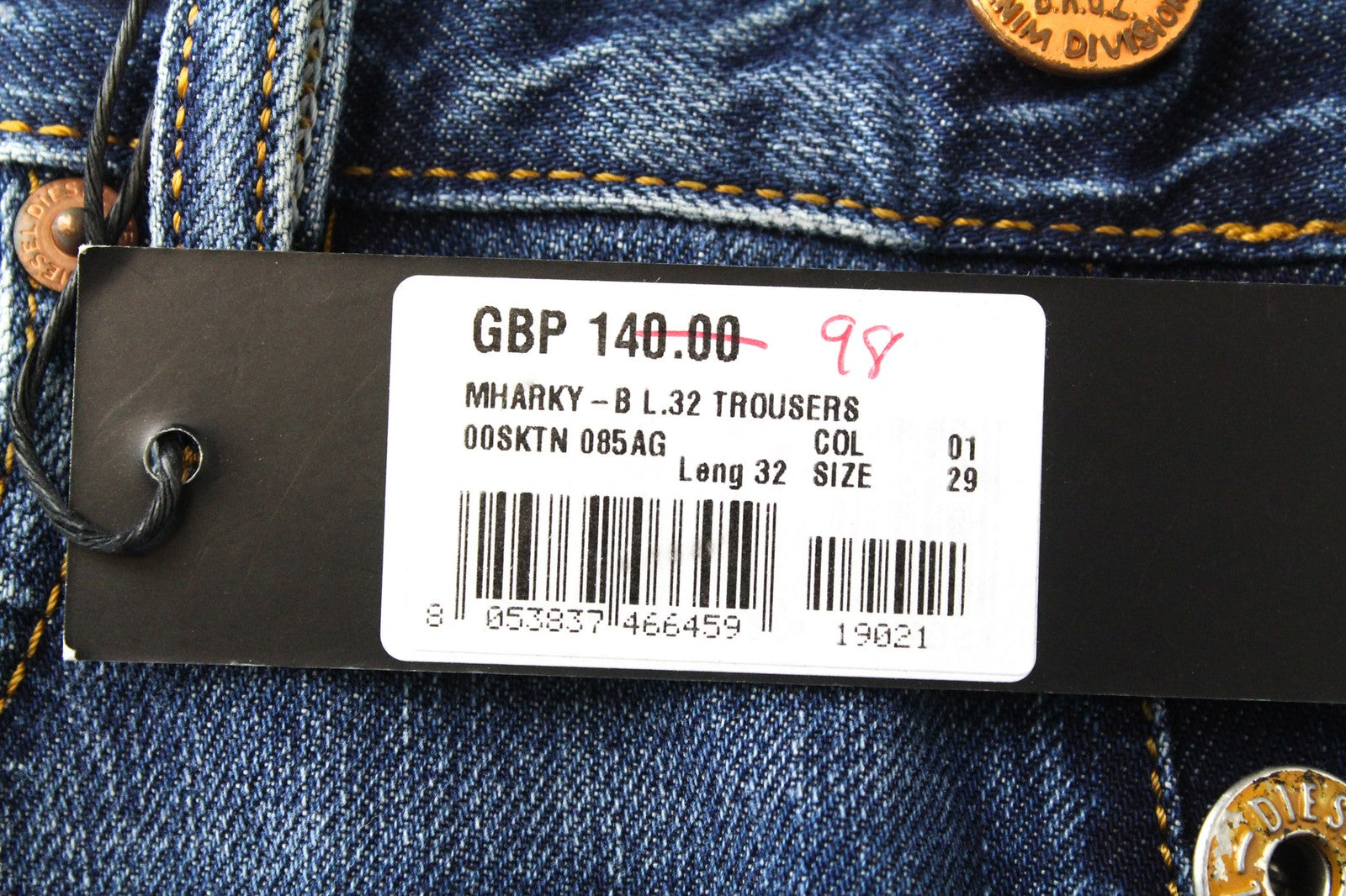 DIESEL Mharky 085AG Men Jeans W29/L32 Slim-Skinny Fit Washed Blue Pure Cotton