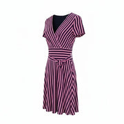RALPH LAUREN Women Dress US4 S Navy Purple Stretch Short Sleeved V-Neck Striped