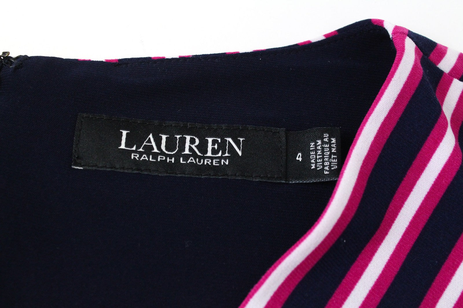 RALPH LAUREN Women Dress US4 S Navy Purple Stretch Short Sleeved V-Neck Striped