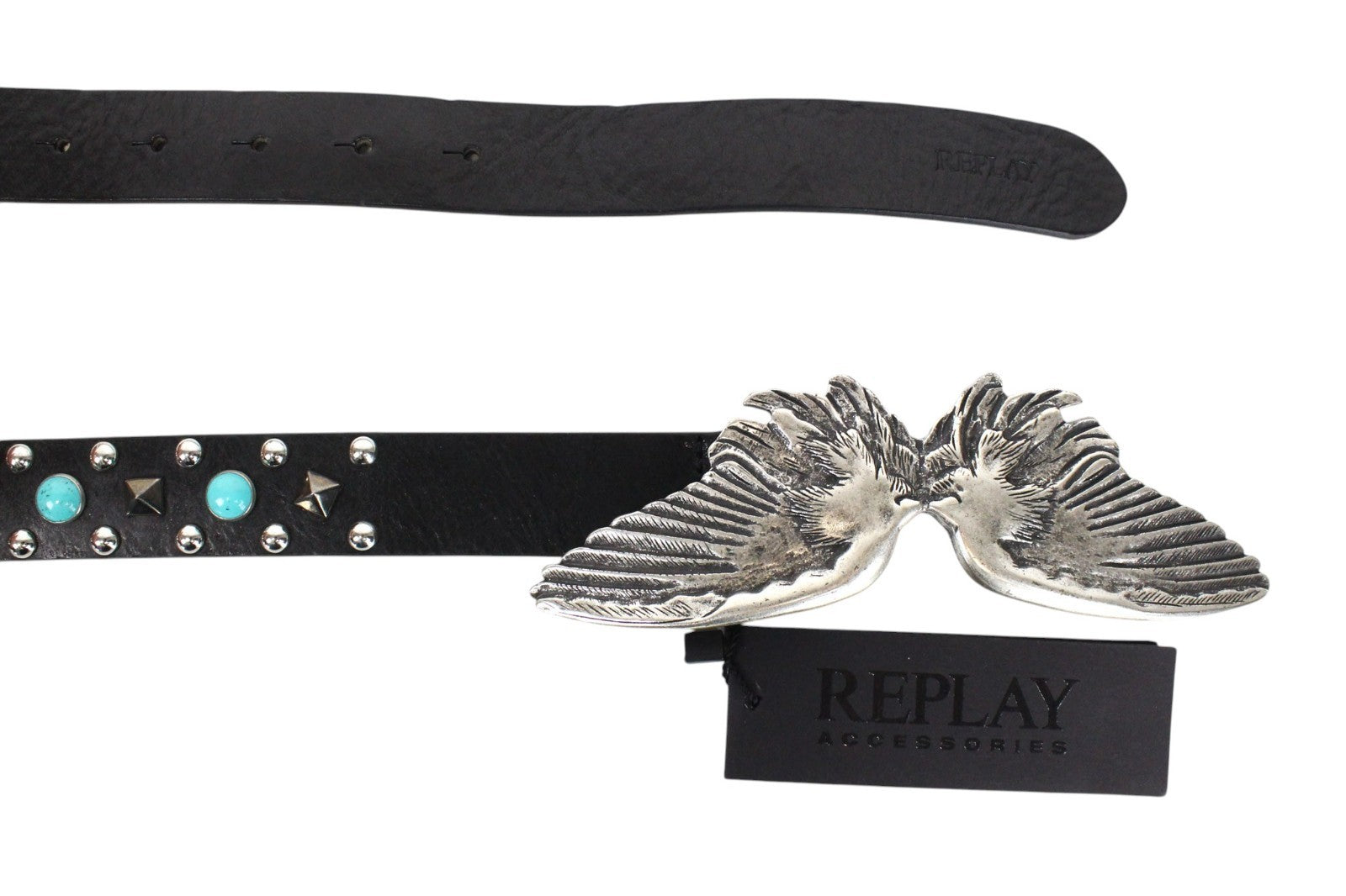REPLAY Unisex Belt 80 cm Casual Black Genuine Cow Leather Studs Wing Buckle