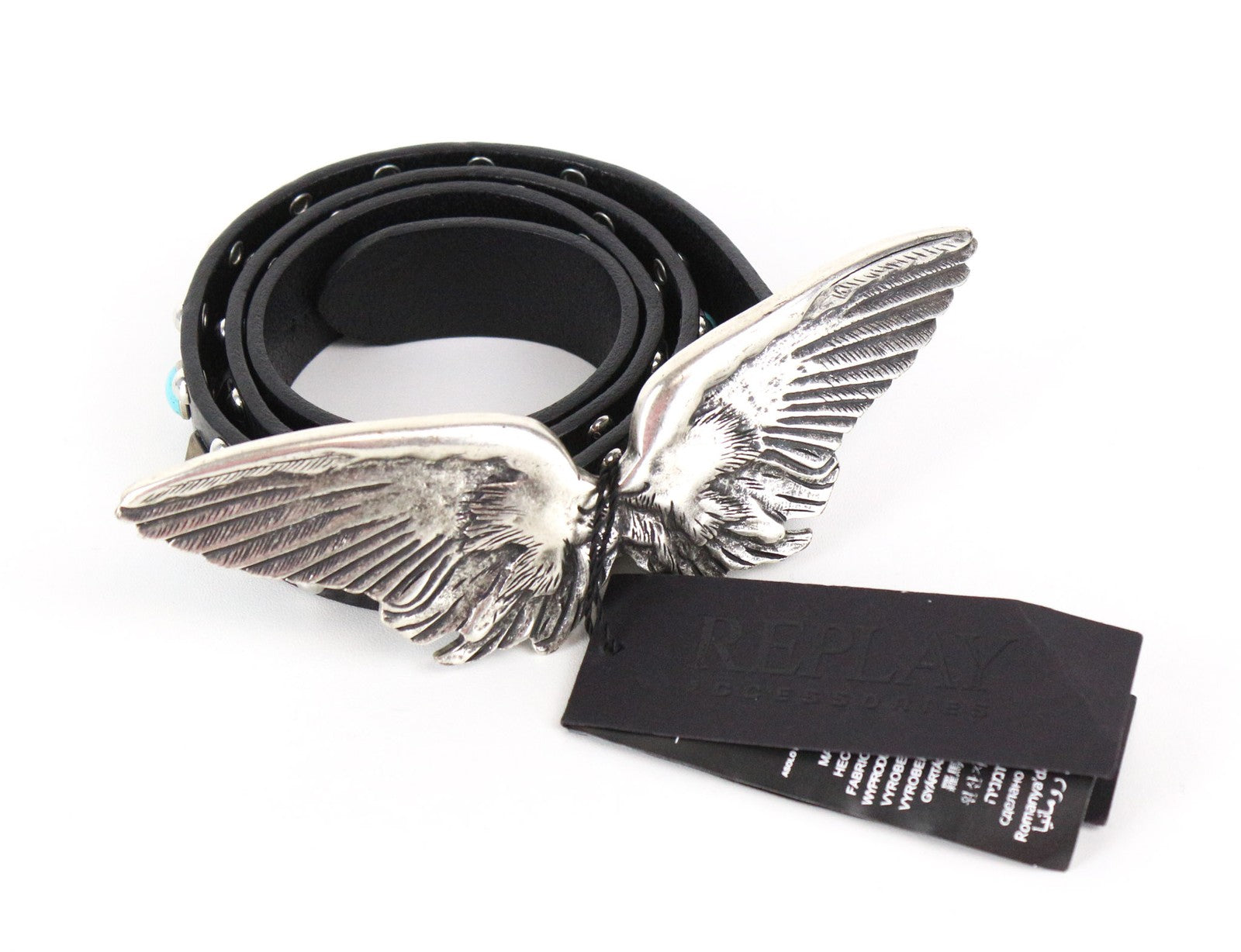REPLAY Men Belt 80 cm Casual Black Genuine Cow Leather Studs Wings Buckle