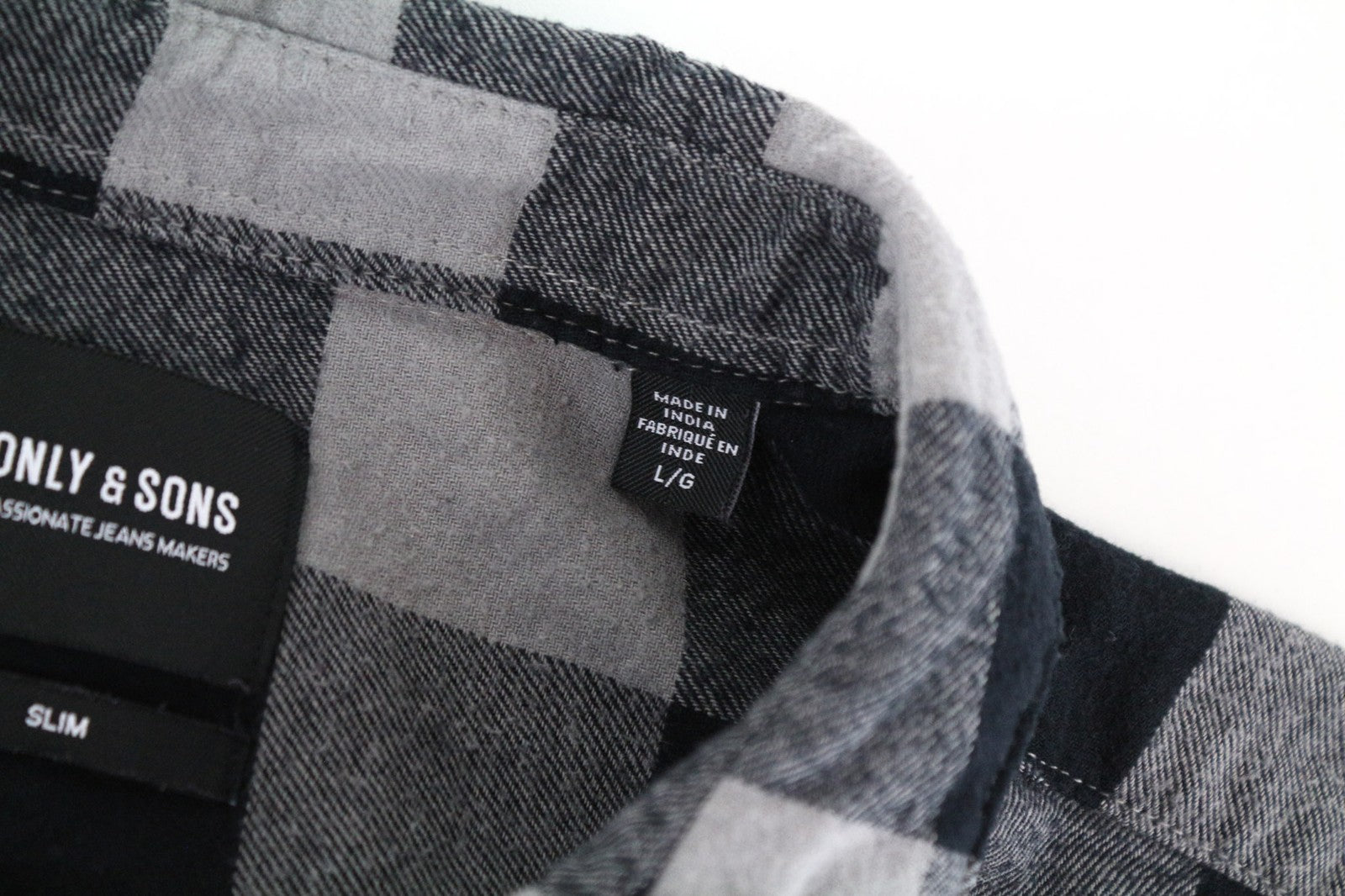 ONLY & SONS Men Shirt L Checked Grey Pure Cotton Long Sleeved Slim Fit Flannel