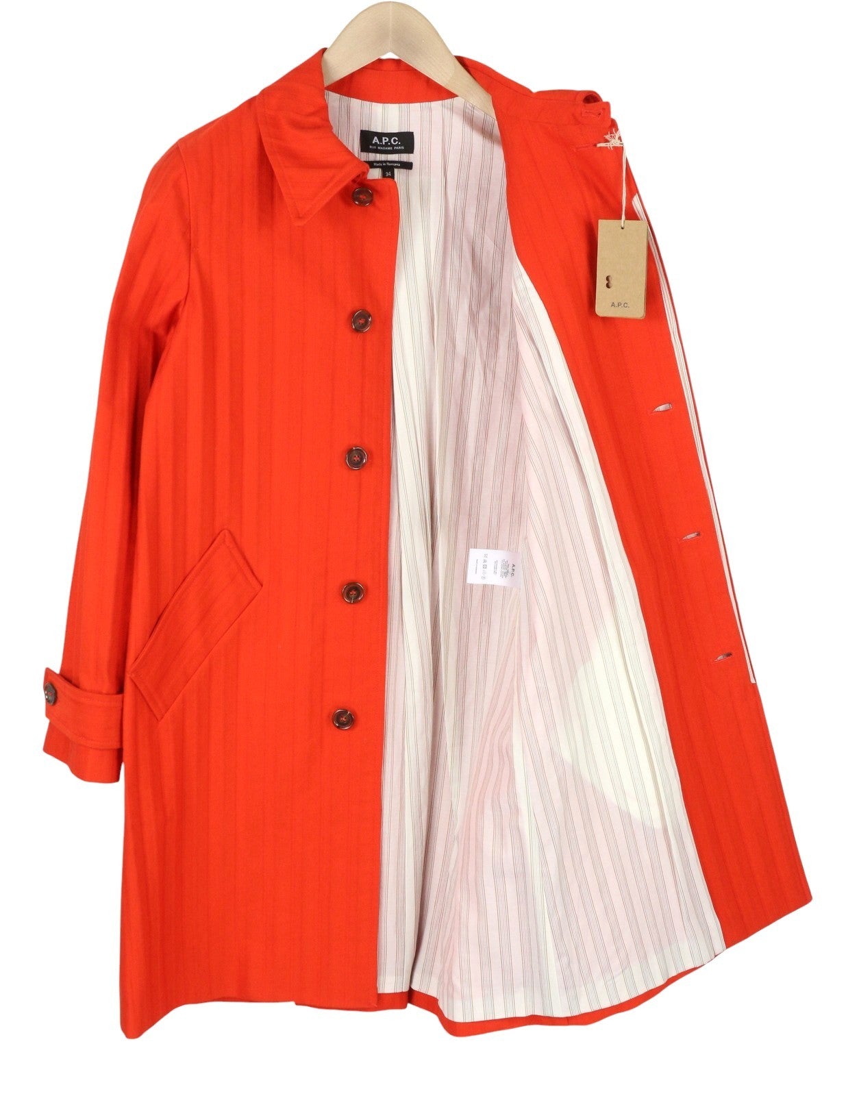 A.P.C. Max Dinard Women Coat 34 XS Orange Pinstripe Hidden Button Midi