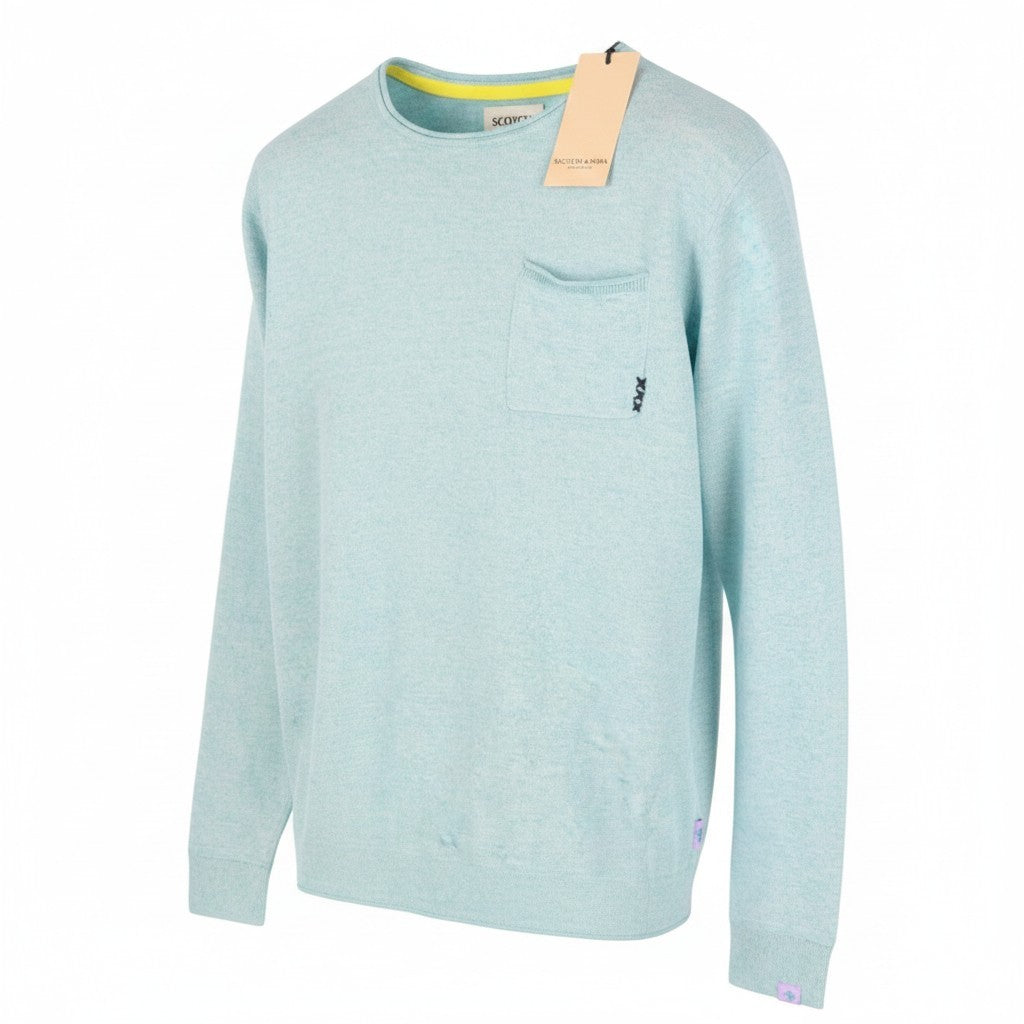 SCOTCH & SODA Men Jumper M Blue Melange Linen Blend Knit Patch Pocket Pull On