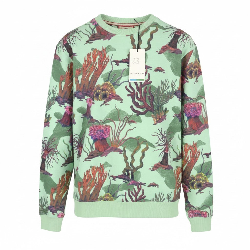 SCOTCH & SODA Men Sweatshirt M Green Coral Reff Aop Cotton Crew Neck Pull On