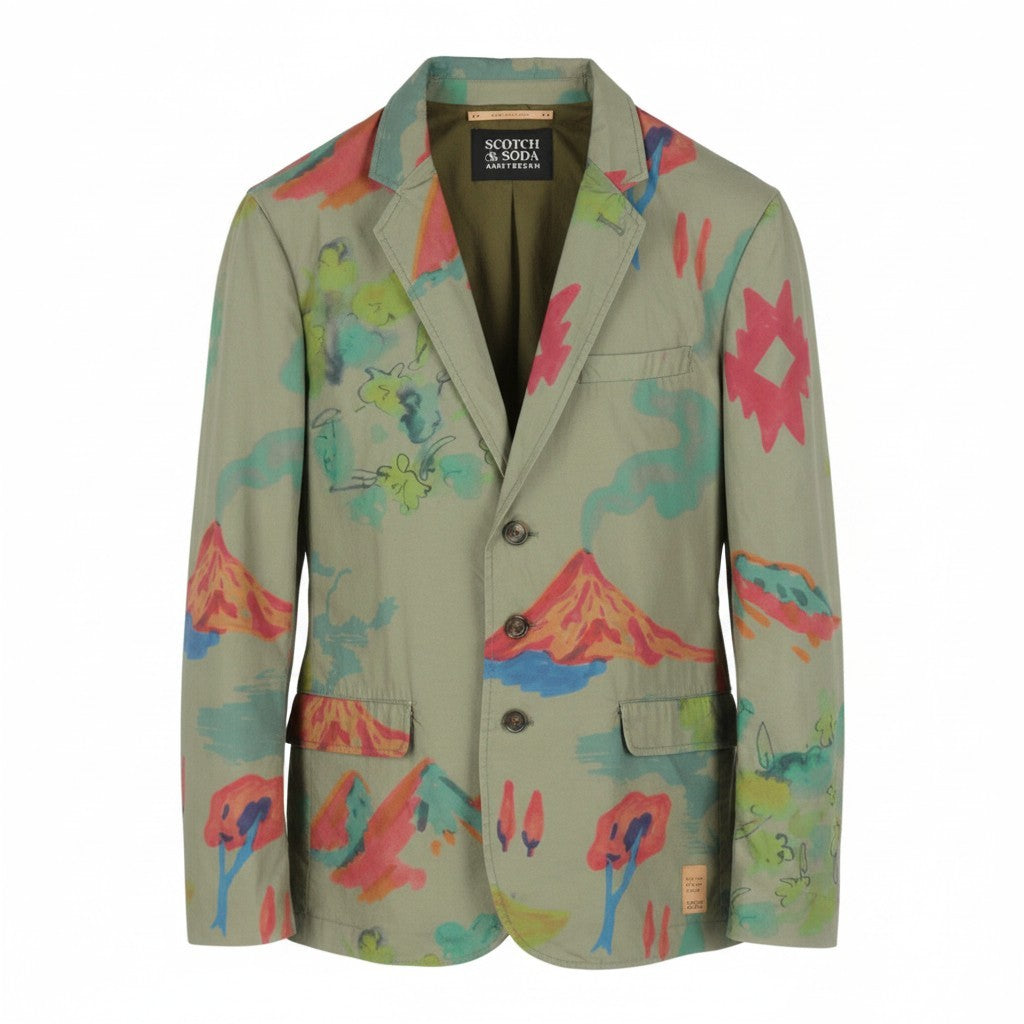 SCOTCH & SODA Men Blazer M Green Patterned Notch Lapel Single Breasted