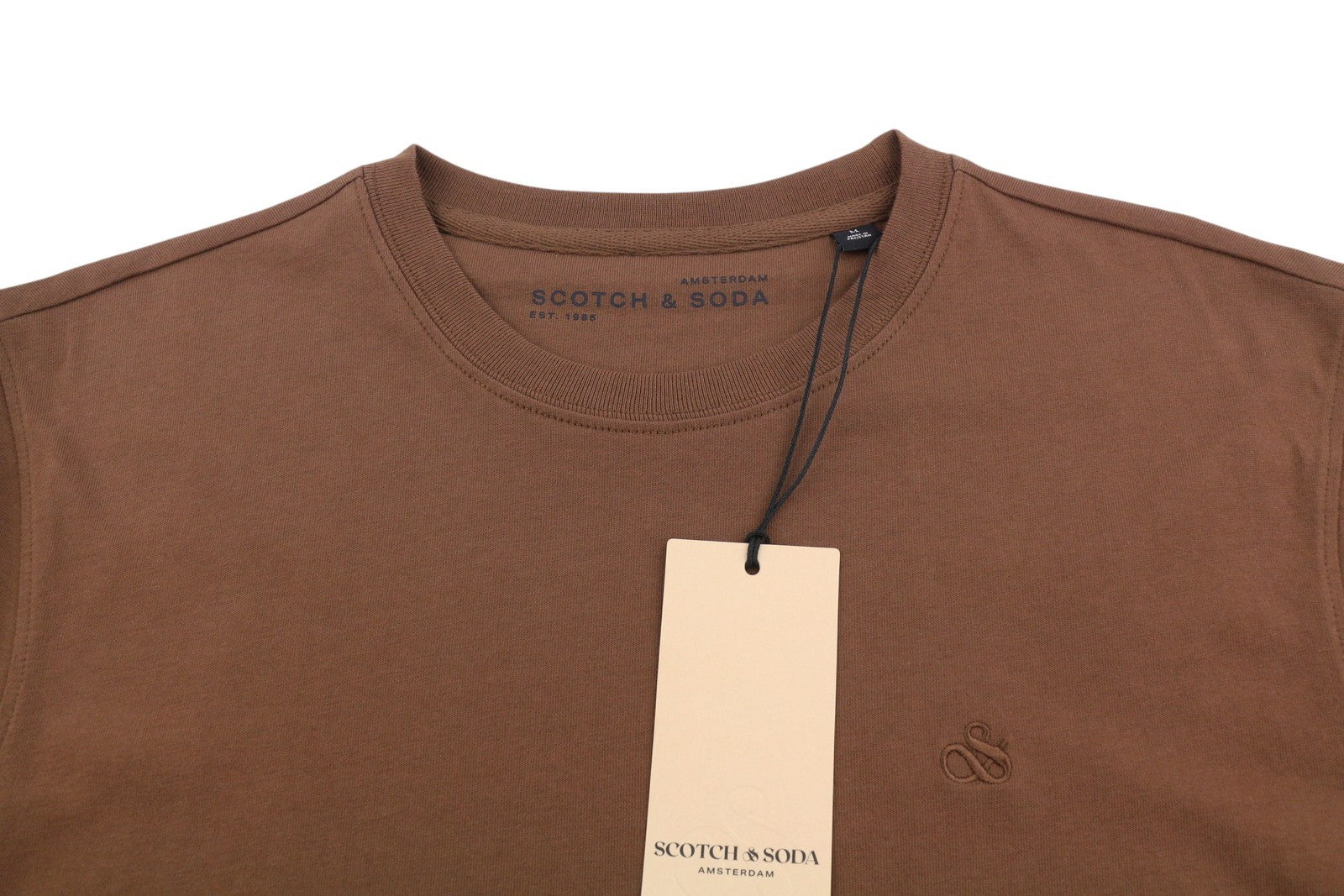 SCOTCH & SODA Men T-Shirt M Brown Embroidered Logo Crew Tricot Short Sleeve