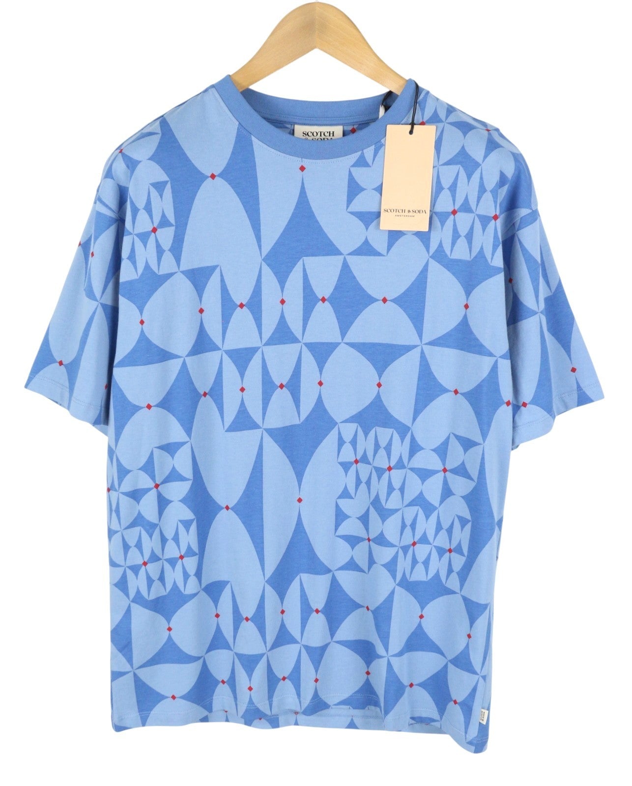 SCOTCH & SODA Men T-Shirt M Diamond Blue Aop Tricot Crew Neck Short Sleeve
