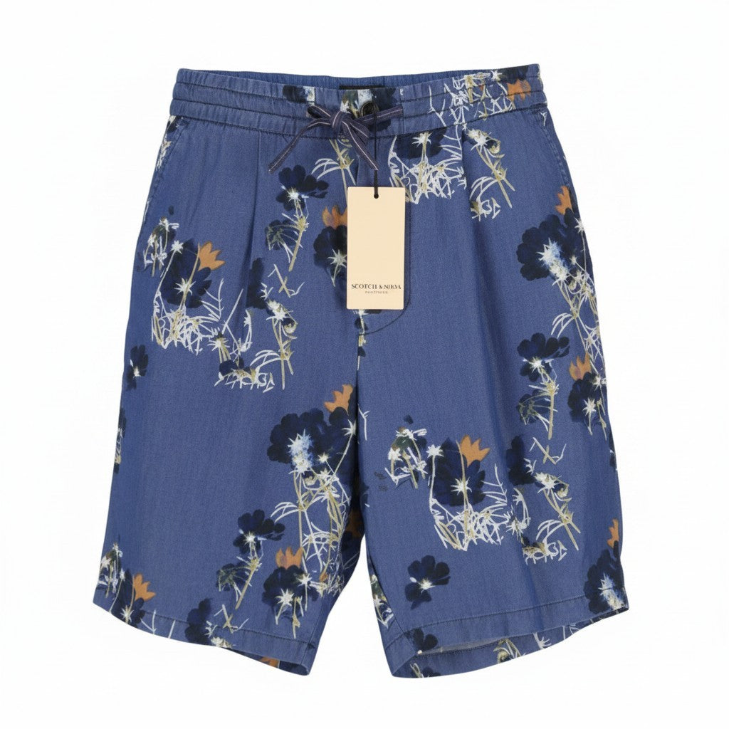 SCOTCH & SODA Men Shorts W33 Blue Floral Print Pleated Tencel Chino