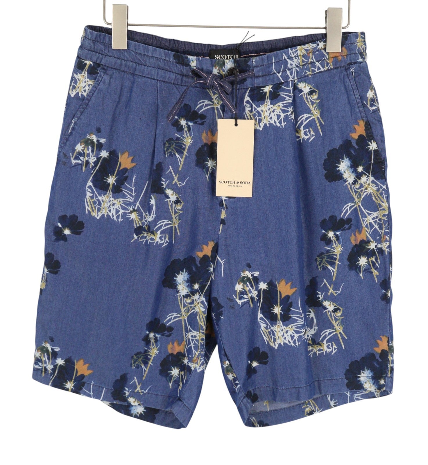 SCOTCH & SODA Men Shorts W33 Blue Floral Print Pleated Tencel Chino