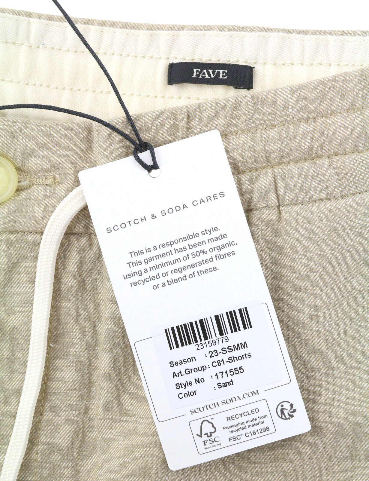 SCOTCH & SODA Fave Men Shorts W33 Beige Melange Cotton Drawstring Waist Chino