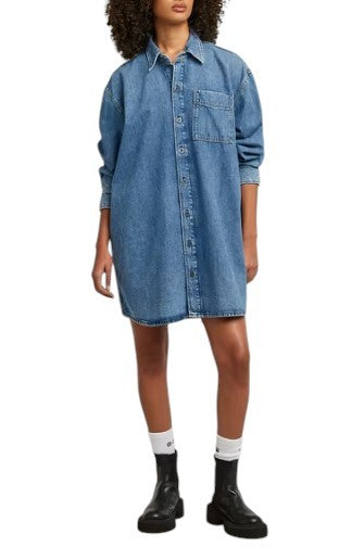 G-STAR Oversized Denim Women Dress L Blue Button-Up Patch Pocket RRP179