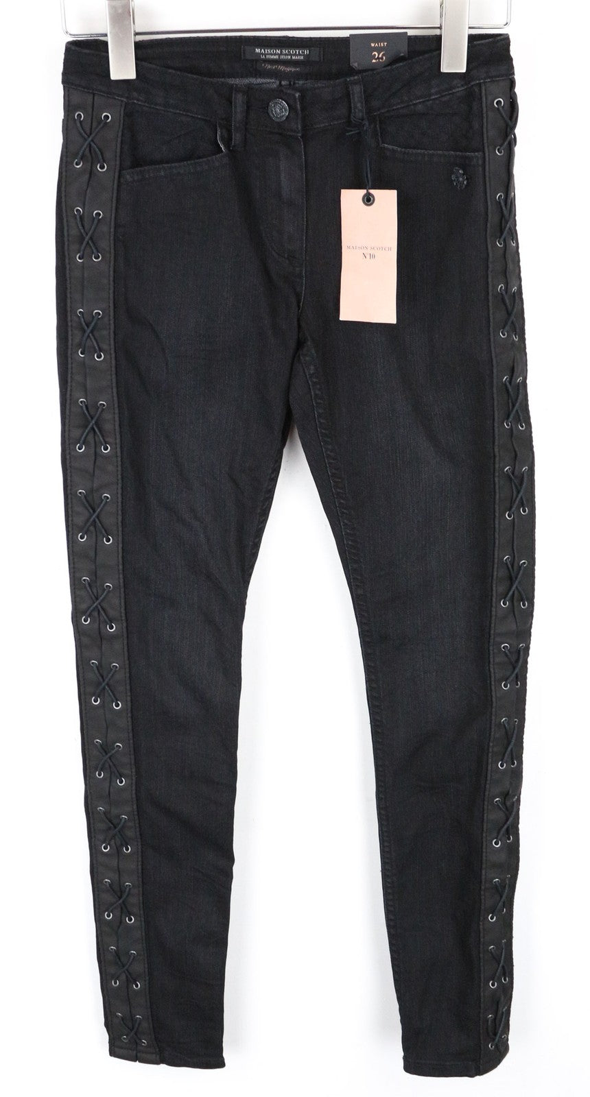 MAISON SCOTCH Women Jeans W26 Skinny Fit Black Cotton Stretch Laced Sides