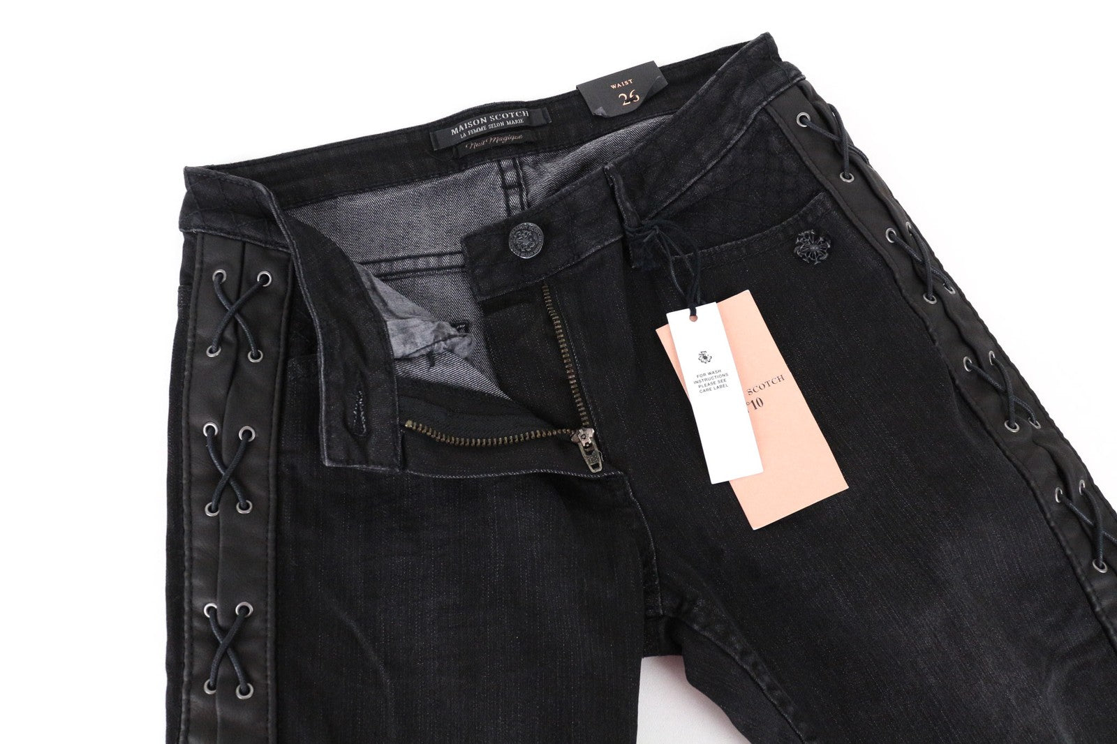 MAISON SCOTCH Women Jeans W26 Skinny Fit Black Cotton Stretch Laced Sides